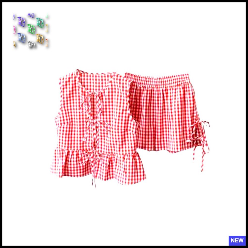Plaid Gingham Bow Tie Front Ruffle Tank Top Wide Leg Shorts Set Summer - Picture 2 of 5